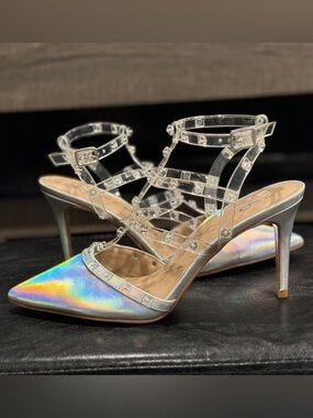 🪩 Mix No. 6 Liraven Caged Pump Heel in Iridescent/Clear Metallic with Studs